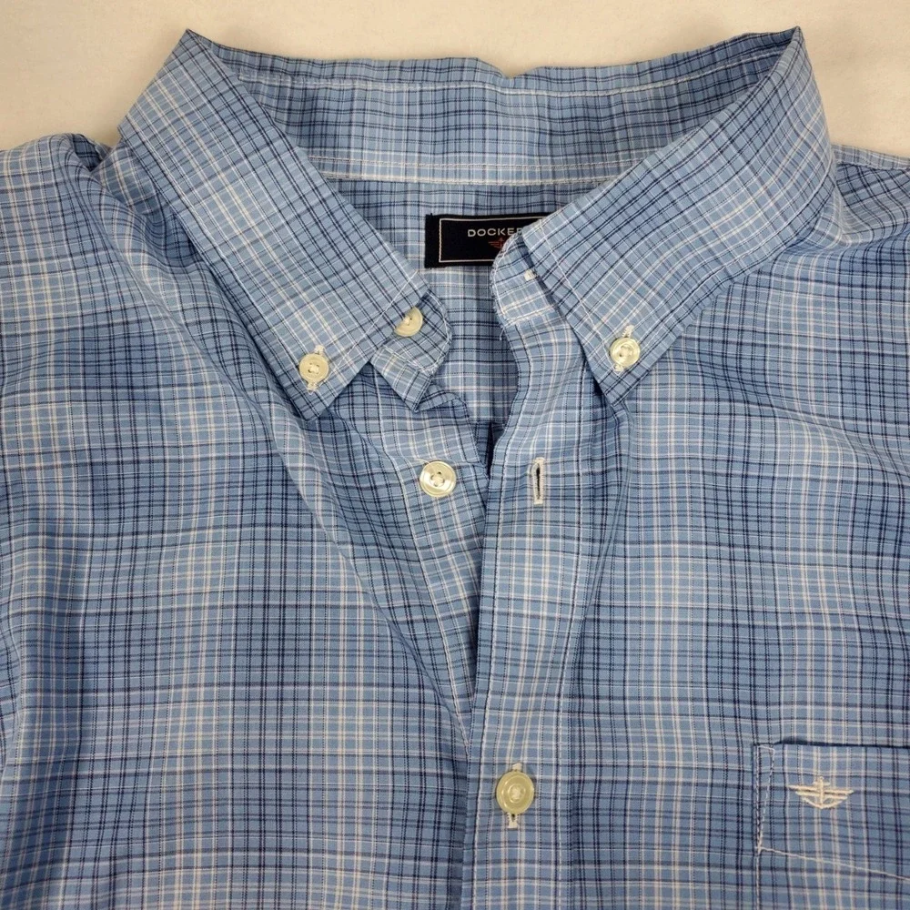 Dockers Mens XXL Blue White Plaid Short Sleeve Button Down Shirt Cotton Blend - Picture 3 of 8